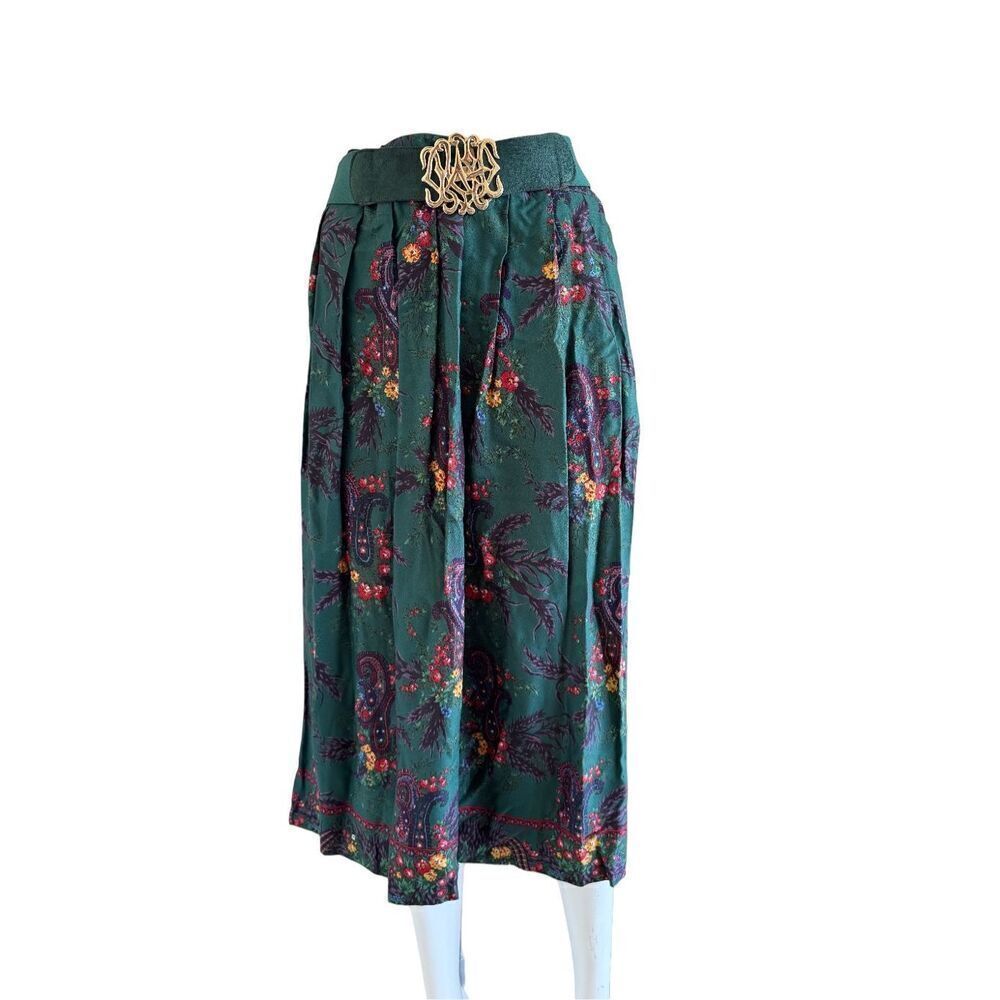 Susan Bristol green emerald floral A-line vintage 90’s women’s m skirt gold belt